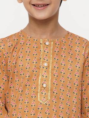 Little Bansi Cotton Silk Floral Kurta with Pearl Buttons and Pyjama - Orange and Cream 2