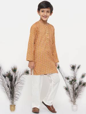 Little Bansi Cotton Silk Floral Kurta with Pearl Buttons and Pyjama - Orange and Cream 3