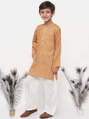 Little Bansi Cotton Silk Floral Kurta with Pearl Buttons and Pyjama - Orange and Cream 4