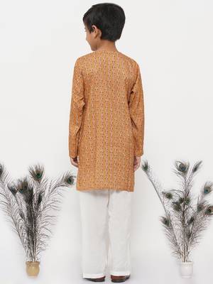 Little Bansi Cotton Silk Floral Kurta with Pearl Buttons and Pyjama - Orange and Cream 5