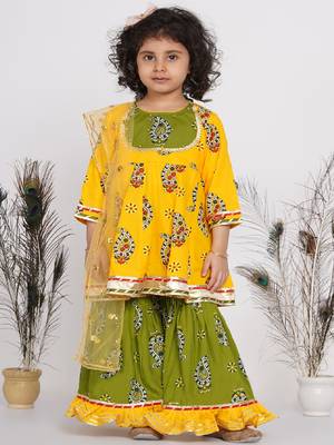 Little Bansi Cotton Floral Jaipuri Kurta with Gunghroo work, Frill Sharara and Dupatta - Yellow and Green 1