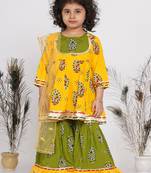 Little Bansi Cotton Floral Jaipuri Kurta with Gunghroo work, Frill Sharara and Dupatta - Yellow and Green