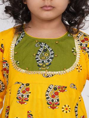 Little Bansi Cotton Floral Jaipuri Kurta with Gunghroo work, Frill Sharara and Dupatta - Yellow and Green 2