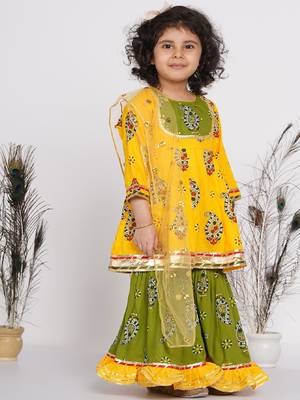 Little Bansi Cotton Floral Jaipuri Kurta with Gunghroo work, Frill Sharara and Dupatta - Yellow and Green 3