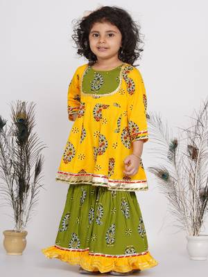 Little Bansi Cotton Floral Jaipuri Kurta with Gunghroo work, Frill Sharara and Dupatta - Yellow and Green 4