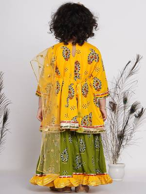 Little Bansi Cotton Floral Jaipuri Kurta with Gunghroo work, Frill Sharara and Dupatta - Yellow and Green 5
