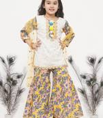 Little Bansi Cotton Floral Embroidery Kurta with Floral Detaling and and Floral Sharara with Dupatta - White and Yellow