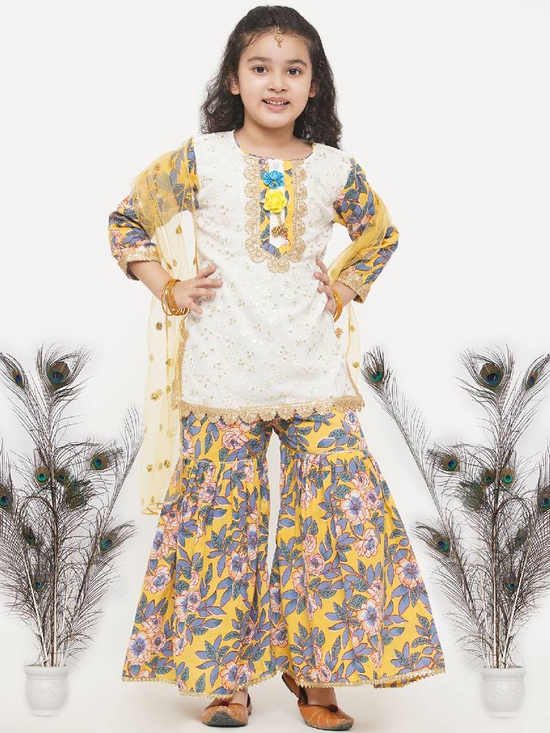 Little Bansi Cotton Floral Embroidery Kurta with Floral Detaling and and Floral Sharara with Dupatta - White and Yellow