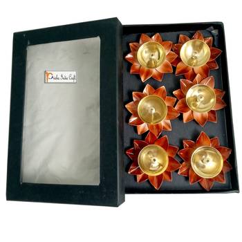 Prisha India Craft Diya for Puja Home Decoration Item Gift, Lotus Brass Diyas Oil Lamp Pooja, Gift Idea (Set of 6) 1
