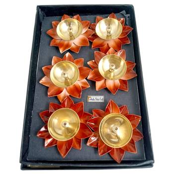 Prisha India Craft Diya for Puja Home Decoration Item Gift, Lotus Brass Diyas Oil Lamp Pooja, Gift Idea (Set of 6) 2