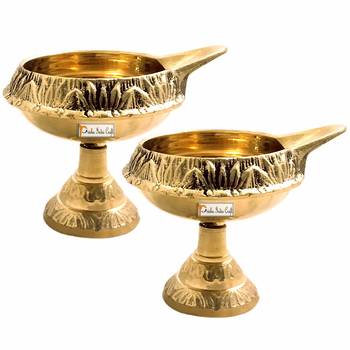 Prisha India Craft Brass Diwali Kuber Deepak Diya Oil Lamp ith Sand for Poojan Purpose, Set of 2 1