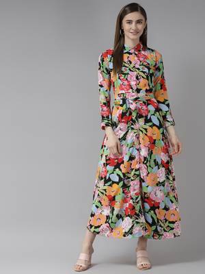Pink printed georgette long-dresses 1