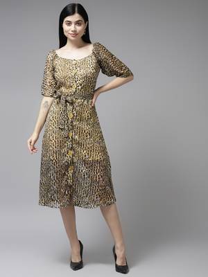 Brown printed georgette long-dresses 1