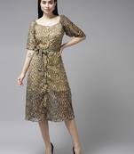 Brown printed georgette long-dresses