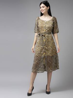 Brown printed georgette long-dresses 5