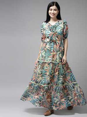 Green printed georgette maxi-dresses 1
