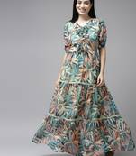 Green printed georgette maxi-dresses