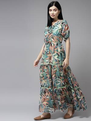 Green printed georgette maxi-dresses 3