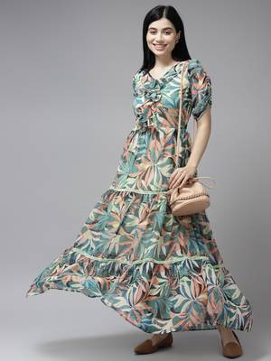 Green printed georgette maxi-dresses 5
