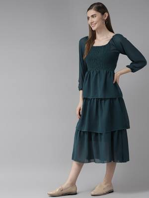 Green plain georgette long-dresses 3