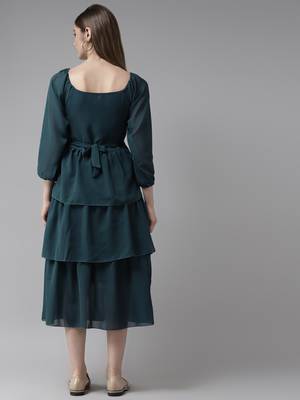 Green plain georgette long-dresses 4