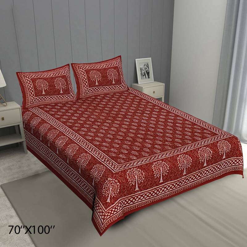 Ridan Cotton Printed  Deewan Size Sanganeri bed sheet with two pillow cover