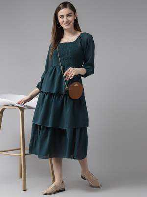 Green plain georgette long-dresses 5