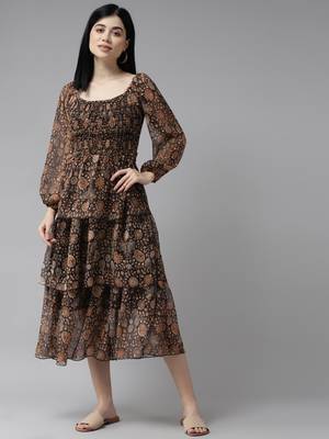 Brown printed georgette long-dresses 1
