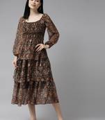 Brown printed georgette long-dresses