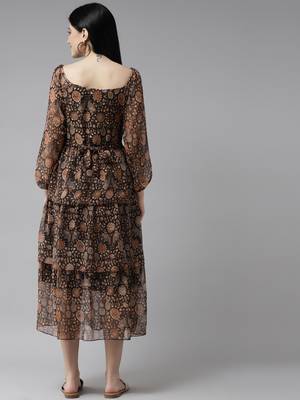 Brown printed georgette long-dresses 3