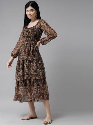 Brown printed georgette long-dresses 4