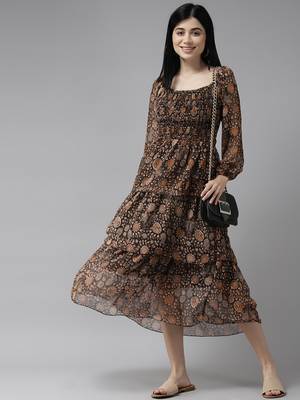 Brown printed georgette long-dresses 5