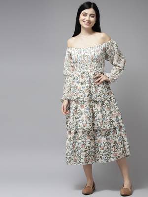White printed georgette long-dresses 1