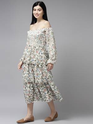 White printed georgette long-dresses 3
