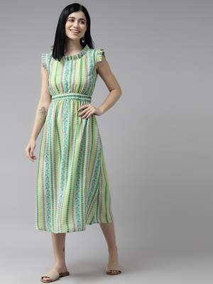 Green printed georgette long-dresses 3