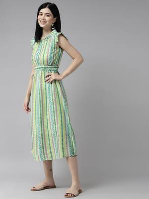 Green printed georgette long-dresses 4