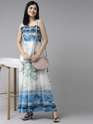 Sky-blue printed georgette maxi-dresses 5