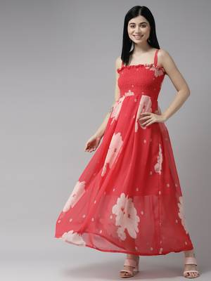Red printed georgette maxi-dresses 1