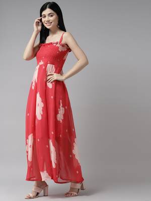 Red printed georgette maxi-dresses 3
