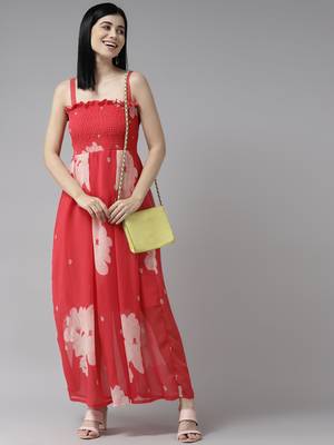 Red printed georgette maxi-dresses 5
