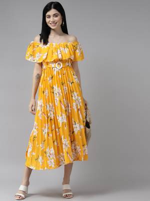 Gold printed georgette long-dresses 1
