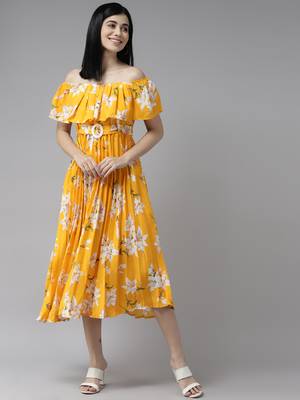 Gold printed georgette long-dresses 3