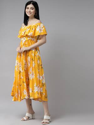 Gold printed georgette long-dresses 4