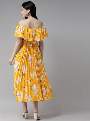 Gold printed georgette long-dresses 5