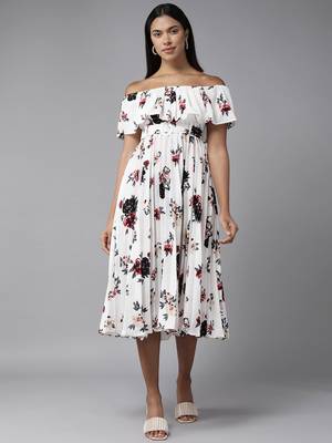 White printed georgette long-dresses 1