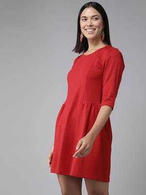 Red plain georgette short-dresses 3
