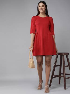 Red plain georgette short-dresses 5
