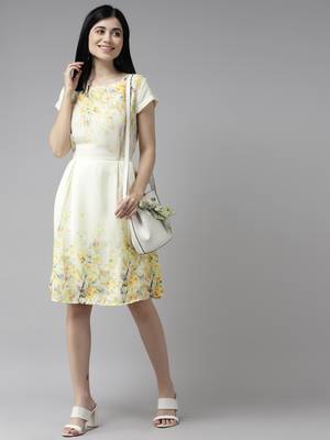 Yellow printed georgette long-dresses 5