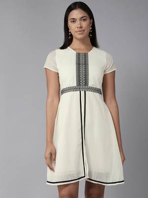 Cream embroidered georgette short-dresses 1