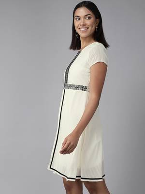Cream embroidered georgette short-dresses 3